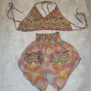Gypsy Jenny’s Handmade Boho Set Halter Top Shorts Colorful Embroidered Size S